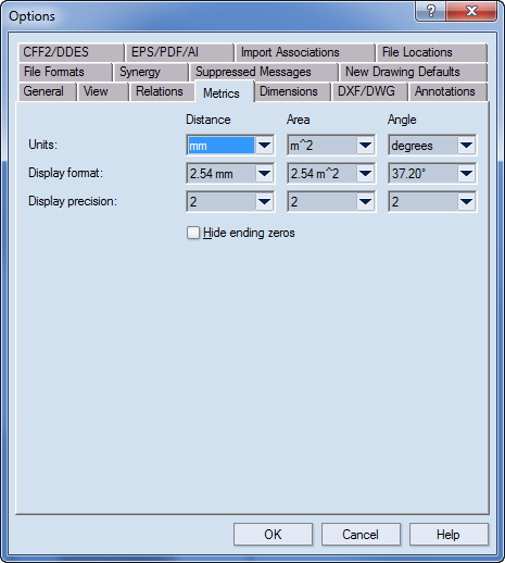 Measurement units options